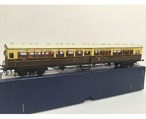 LAWRENCE Scale Models Brass Kit built GWR Brown/Cream Autocoach no 183 with Passengers. Built by David Lawrence and painted b