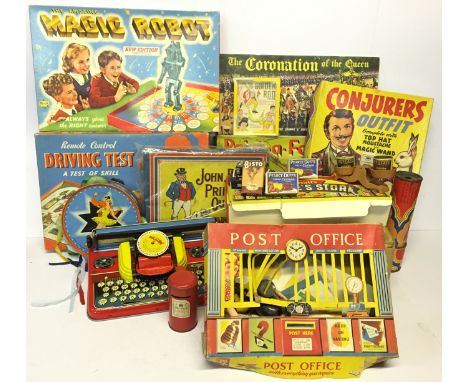 Mixed lot of vintage games and toys, includes: Mettoy Mettype Junior Typewriter; Barratt's Kiddie's Store with miniature food