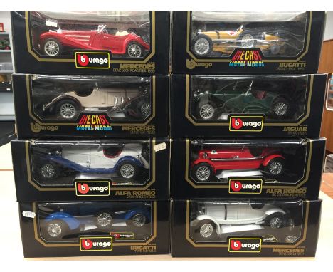 Eight Bburago 1/18 scale 1920's/30's diecast cars, includes 3005 Bugatti Type 59 (1934). Overall appear E/M and boxed (3002 M