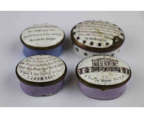 Four 19th Century Bilston type Enamel Patch boxes, three with motto's to the lids, one marked "Guildhall A Trifle from Bath" 