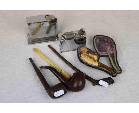 Vintage Smoking collectables to include; Clay Pipe, Ivory cheroot holder, cased Meerschaum pipe 7 two Table Lighters to inclu