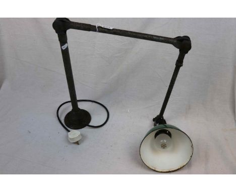 Vintage 1930's Dugdill Patent Machinists Articulated Work Lamp, Cast Iron and Jointed Tubular Steel with Green Enamel Shade