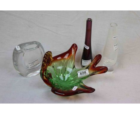 Studio Glass - Coloured Glass Bowl shaped as a Bird, Kosta Vase, Amethyst Glass Bud Vase and another Signed Vase