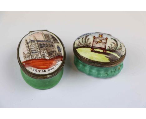 Two 19th Century Bilston type Enamel Patch Boxes, one from Bideford, the other Bath, both with Mirrors to the interior, the l