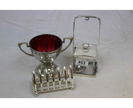 Art Nouveau Silver Plated Twin Handled Sugar Bowl with Red Glass Liner together with Hukin &amp; Heath Silver Plated and Glas