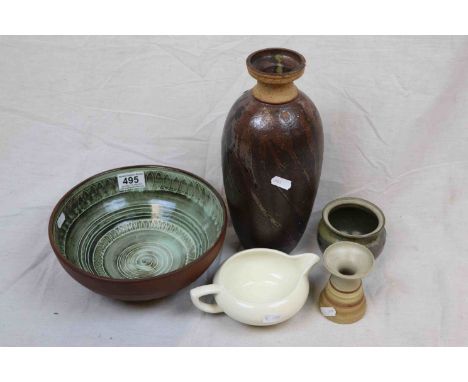 Four Items of Studio Pottery including a Bowl inscribed RH 1970 to base, Vase inscribed Jan 69 to base, plus a Clarice Cliff 