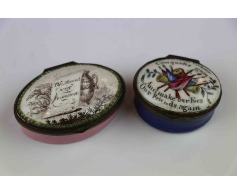 Two 19th Century Bilston type Enamel Patch Boxes with Motto's to the lids, one with interior Mirror and both having slight da