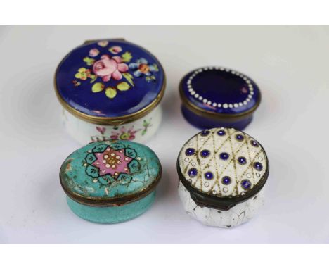 Four 19th Century Bilston type Enamel Patch Boxes with a variety of decoration, two with Mirrors to the interior, largest box