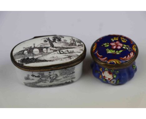 Two 19th Century Bilston type Enamel Patch Boxes, one decorated with black &amp; white Landscape, the other Floral with Mirro