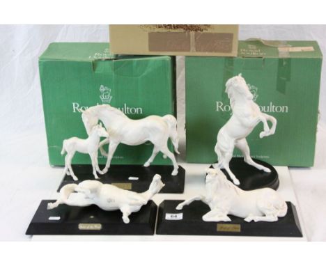 Three Royal Doulton &amp; a Beswick unpainted Ceramic Horses with wooden plinths to include; Spirit of the Wild, Spirit of th