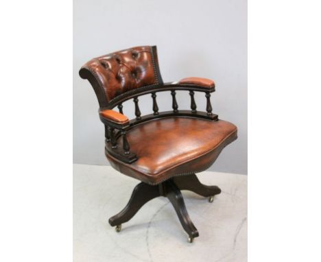 Victorian Style Office Swivel Chair with Brass Studded Leather Button Back , Padded Elbows and Brass Studded Seat, on castors