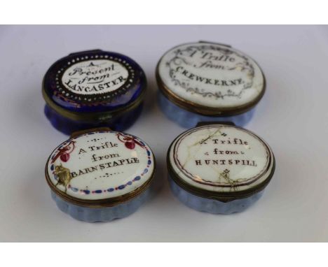 Four 19th Century Bilston type Enamel Patch Boxes, all with Mirrors to interior from Crewkerne, Barnstaple, Huntspill &amp; L