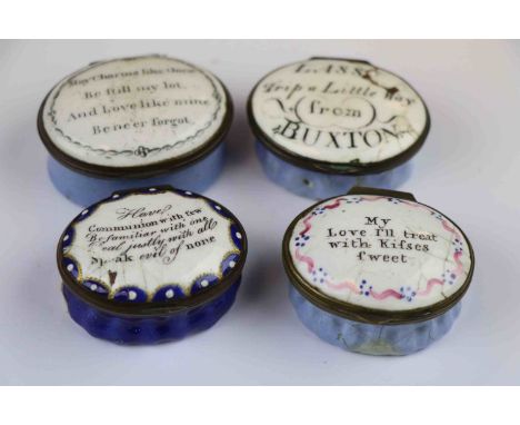 Four 19th Century Bilston type Enamel Patch Boxes, three with Mirrors to interior one with polished Steel, all have motto's t