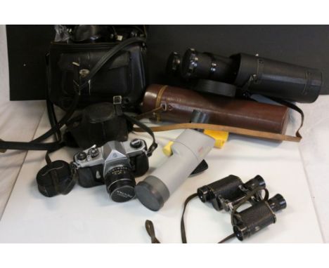 Box of mixed vintage Cameras &amp; Binoculars etc to include a Pentax Spotmatic