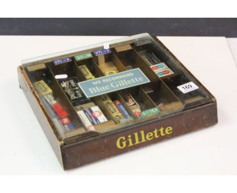 Gillette vintage wooden shop Advertising counter display case with Glass lid and containing an assortment of vintage Razor bl