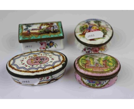 Four 19th Century Bilston Enamel type Patch boxes in a variety of designs to include one marked "Cheltenham Wells", largest e