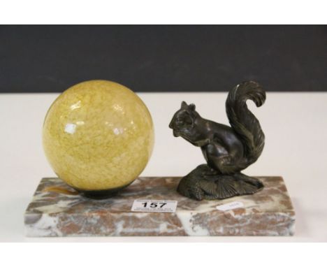 Vintage Art Deco French table light with Opalescent glass Globe shade &amp; Spelter Squirrel on a Marble base approx 23 x 9cm