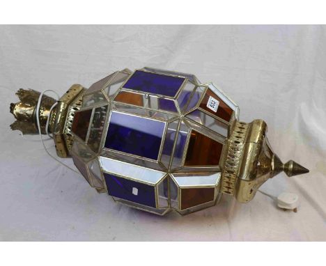 Large Hanging Central Light Fitting in the form of a Lantern with Coloured and Clear Glass Panels and Gilt Metal Fittings, 82