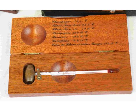 Two wooden cased Wine Thermometers &amp; a cased vintage Opthalmascope 