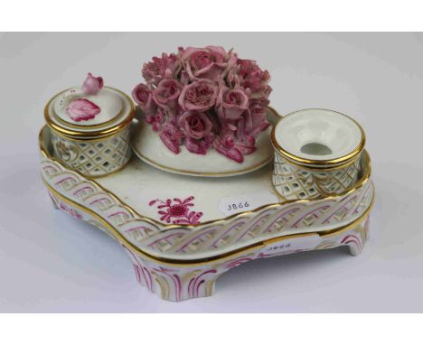 Herend ceramic double Ink stand with floral centrepiece and lattice border, marked 7802/AP to base, approx 15cm diameter with