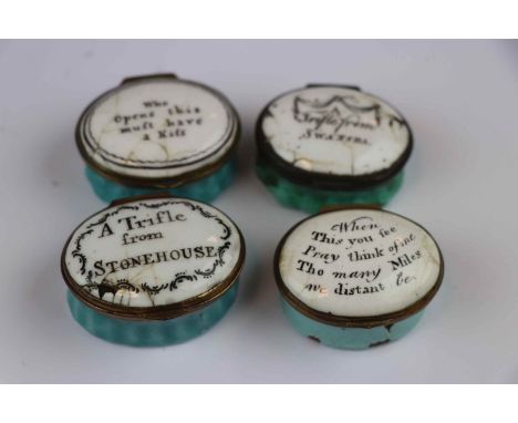 Four 19th Century Bilston type Enamel Patch Boxes with Motto's to the lids &amp; mirrors to the interiors, largest approx 4.5