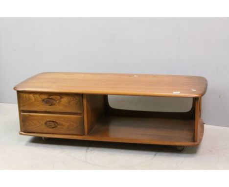Ercol Pale Elm Long Low Entertainment Unit with Two Drawers on Castors, 124cms long x 40cms high
