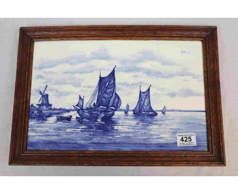 Oak Framed Delft Plaque depicting Sailing Boats and Windmill, label to verso ' J M McCarthy F 19 Hamburg ' 36cms x 24cms