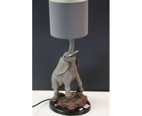 Contemporary Lamp modelled as an Elephant with upraised Trunk and Grey fabric shade, approx 62.5cm tall including shade