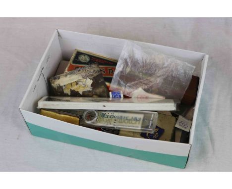 Box of mixed collectables to include; boxed Swatch Watch, patches, Costume jewellery, pens, Lighters etc