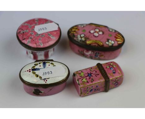 Three 19th Century Bilston Enamel type Patch Boxes, one in Cupcake shape and a similar Etui or scent bottle case all with som
