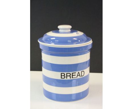 Large ceramic Cloverleaf T G Green blue &amp; white ceramic Bread bin with lid, stands approx 32cm