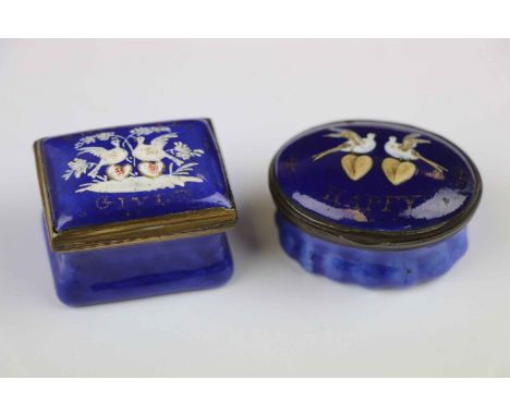 Two 19th Century Bilston type Enamel Patch Boxes with Motto's to the lids and Mirrors to the interior, largest box approx 4.5