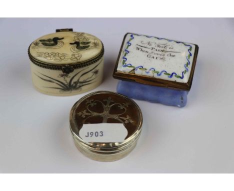 Circular Hallmarked Silver Patch type box with Tortoiseshell lid, an Oriental Bone example with Duck scene to lid and a 19th 