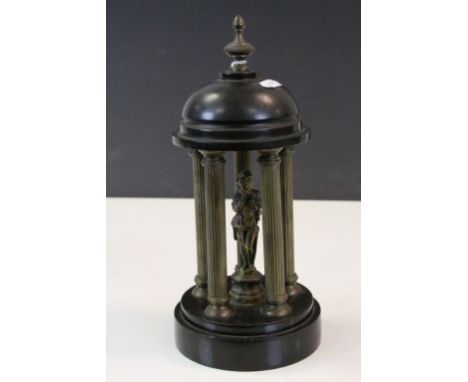 Victorian Slate &amp; Brass Portico Clock Garniture, stands approx 27cm