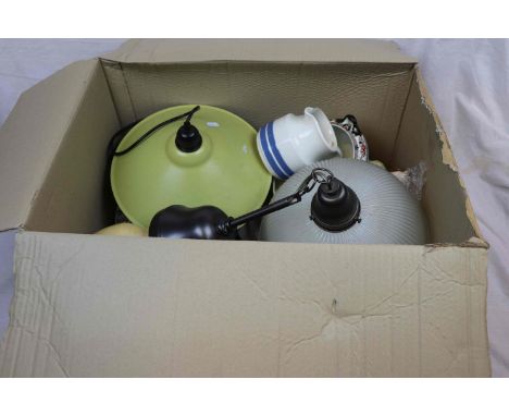 Three Trays of Mixed Ceramics, Light Shades, Bibles, Stoneware, Metalware, etc