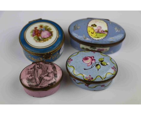 Three 19th Century Bilston Enamel type Patch boxes, one with mirror to interior another with polished Steel Mirror plus a sim
