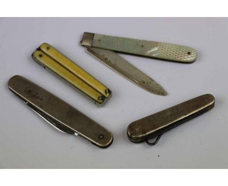 Silver fruit knife with Mother of Pearl scales, Silver scales penknife and Button hook and a folding pair of Scissors with Iv