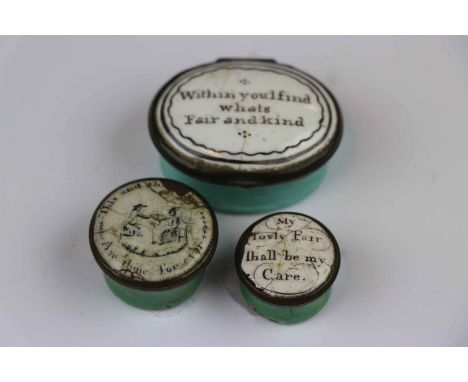 Three 19th Century Bilston type Enamel Patch Boxes with motto's to lids, one with Mirror to interior, largest approx 4.25 x 3