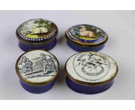 Four 19th Century Bilston type Enamel Patch Boxes, three of them with interior Mirrors, two have Sheep painted to lid, one sh