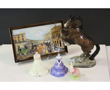 Beswick ceramic Plaque titled "Regent Street 1852", two Coalport figurines, a Beswick Jemima Puddleduck &amp; a Beswick reari