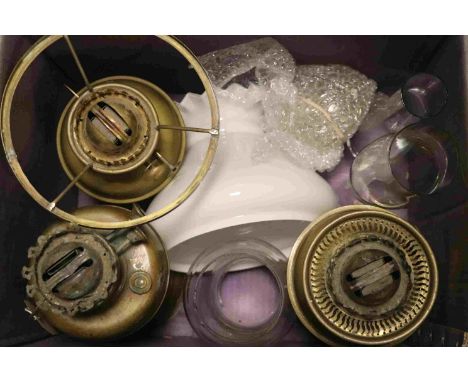 Three Brass Oil Lamps with one Opaque Glass Shade and a Tilley Lamp