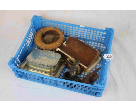 Silver plated Butter dish with hinged lid, Two match stands, Black Forest Pipe with Bear, wooden Ashtray plus a 19th Century 