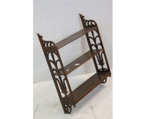 Late 19th / Early 20th century Mahogany Hanging Three Tier Shelf with Fretwork Side Panels, 66cms high x 53cms wide