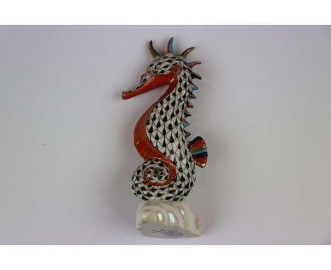 Herend hand painted ceramic model of a seahorse on Shell, stands approx 10cm, marked 7523257YHN to base