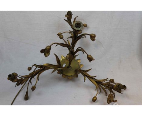Vintage Gilt Metal Three Branch Central Light Fitting in Naturalistic Flower and Leaf Form