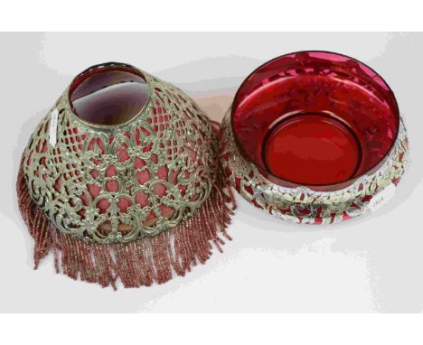 Cranberry glass Pot Pourri dish with Sterling Silver overlay, maker marked for Gorham, approx 12cm diameter, plus a Gorham St