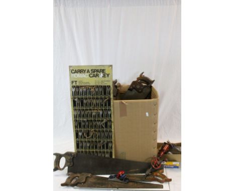 Large box of mixed collectables to include; vintage Saws &amp; other Tools, wall mounted Tinplate Key set with Keys etc
