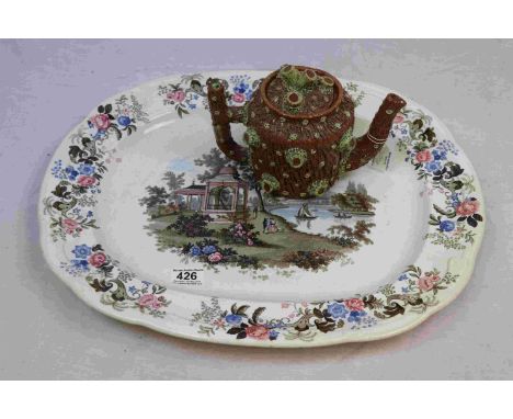 Large 19th century Coloured Transfer Printed Meat Plate marked to underneath ' Imperial Coloured Landscape I C ', 54cms long 