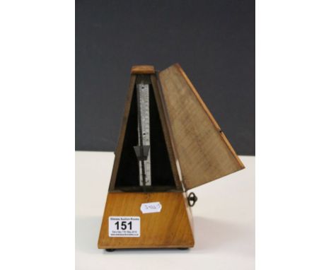 Vintage Wooden cased Maelzel Metronome, with hinged door and Brass plaque to front, stands approx 22cm