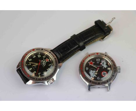 Two vintage Russian mechanical Wristwatches with Military themes, one featuring Stalin &amp; Hitler, the other a Tank, both w
